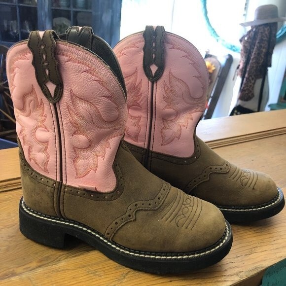 NWOT Justin Gypsy Mid-Calf Leather Pink Brown Cowboy Boots Size 6.5B - Picture 1 of 4